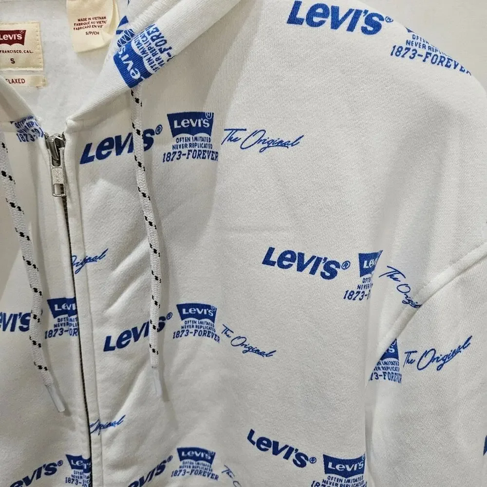 Levi's Men's Relaxed AOP White and Blue Logo Hoodie Full Zip Small
